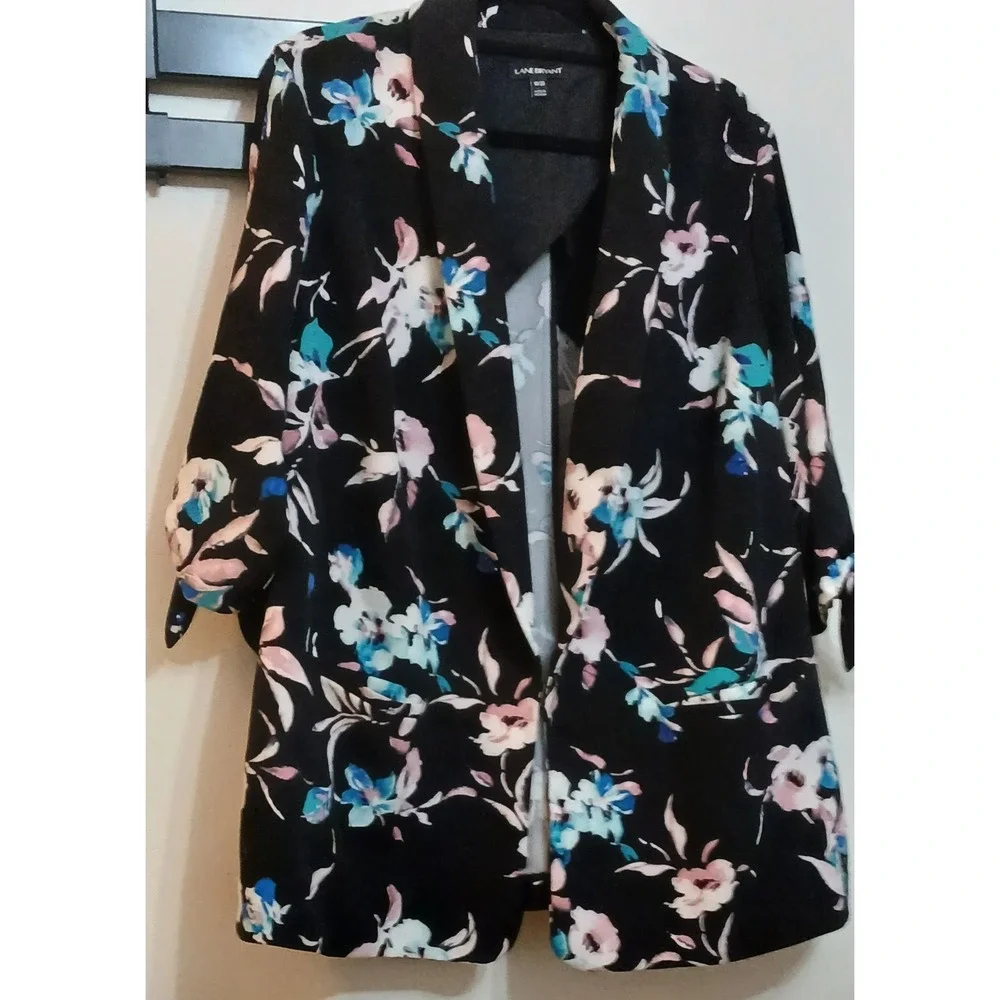Lane Bryant Jacket Cardigan Blazer Size 18 20 Stretch Black Floral 3/4 Sleeve 2X